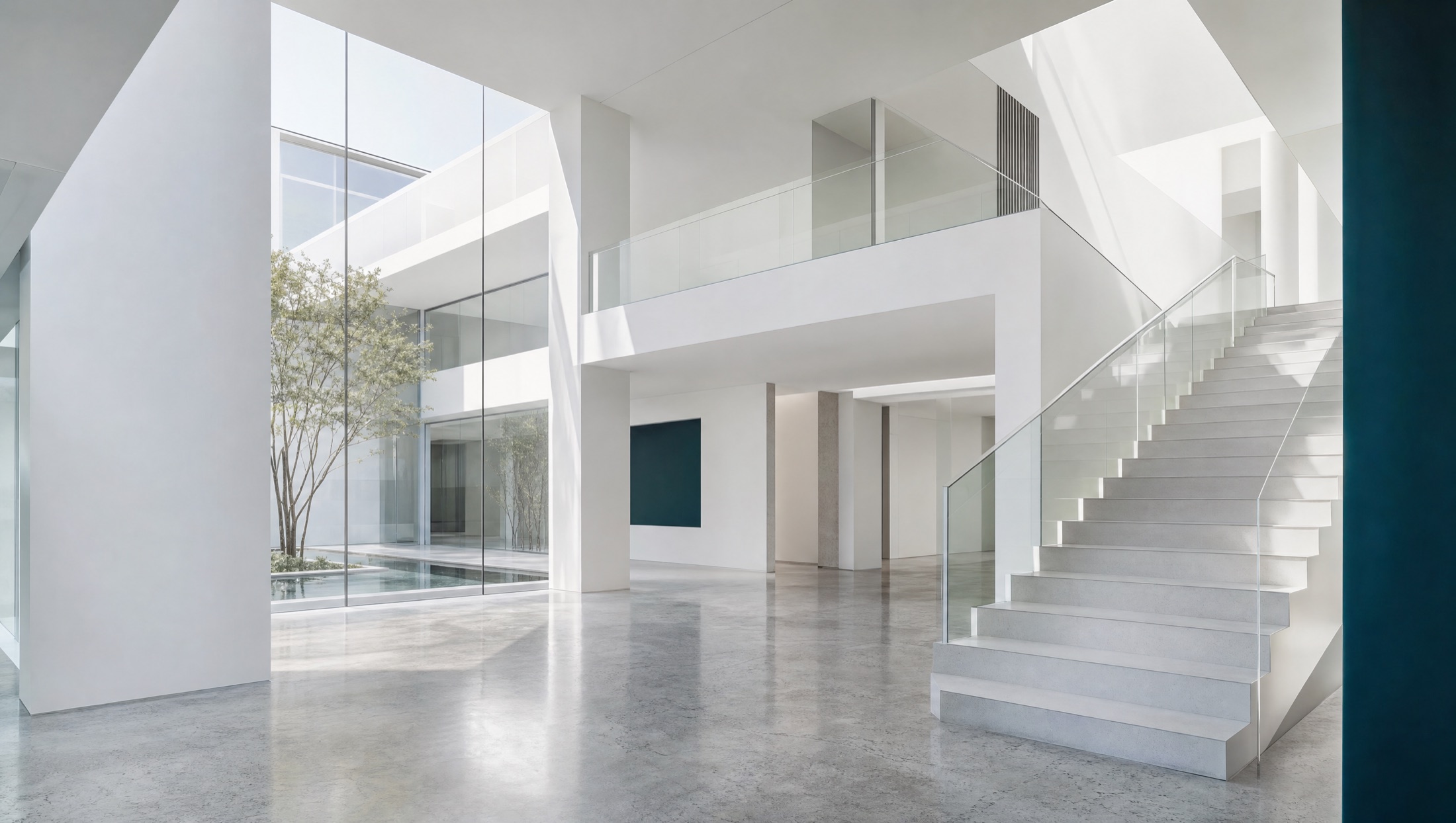 Bright, minimalist corporate atrium with clean architectural lines